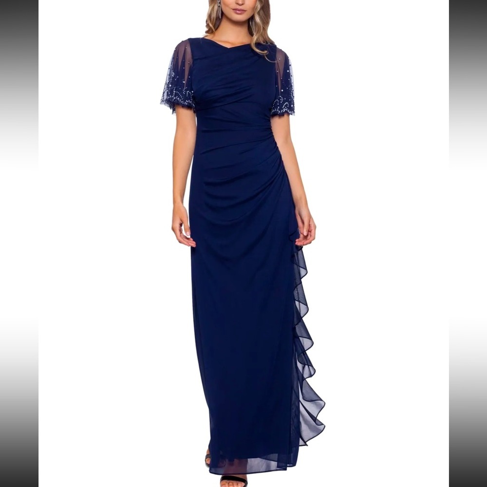 Women’s Formal Dress 14 BETSY & ADAM Navy Cascading Ruffle Flutter Short Sleeve